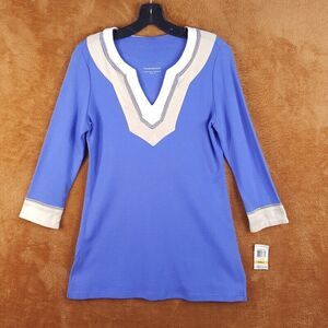 CHARTER CLUB Womens Top Small Blue Pullover Tunic Gold White Trim Side Slit